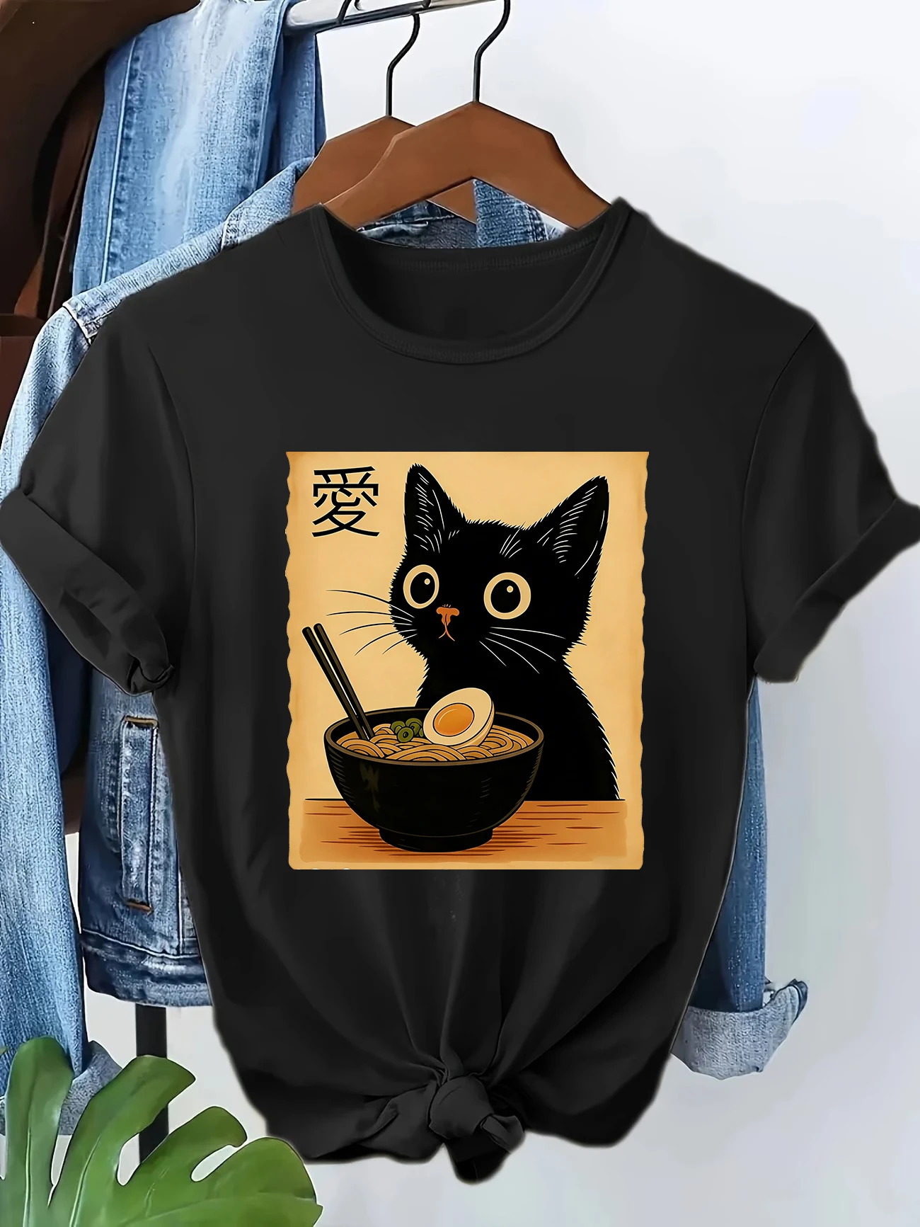 Japanese Cat Eat Ramen Pattern Print T-shirt Vintage Women's Casual Graphic Short Sleeve T Shirt Clothing Top Tee