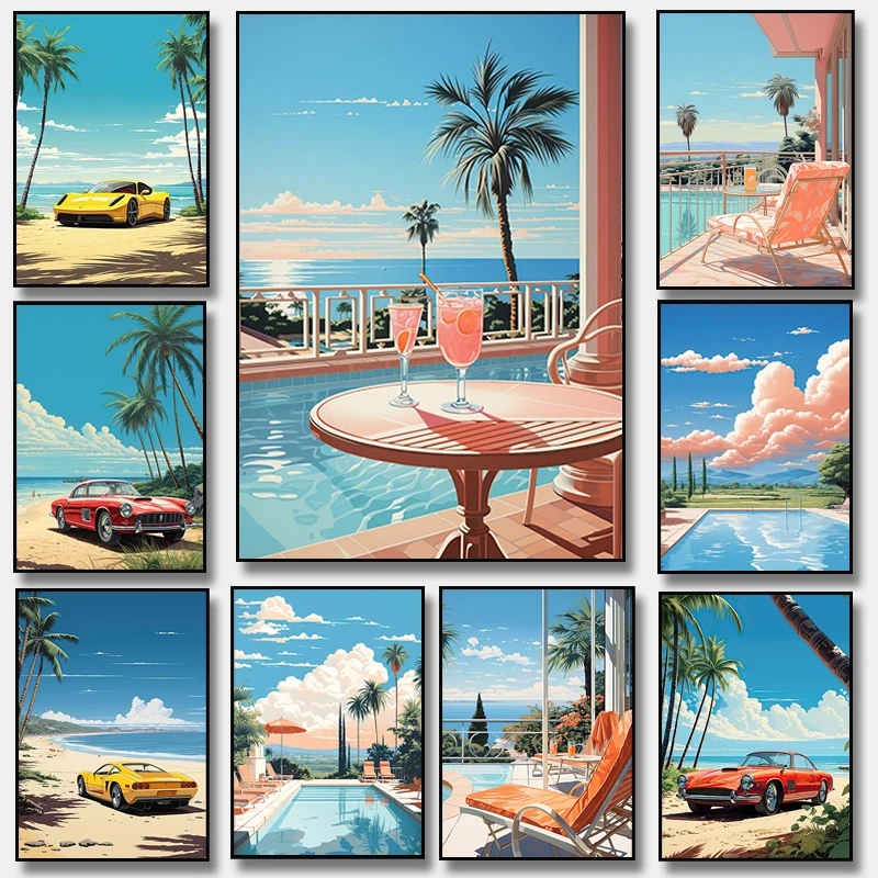 

Летний постер для пляжа и бассейна, принт пальмовых деревьев, красный океан, спортивный автомобиль, Картина на холсте, настенные картины, комната, домашний декор, подарок