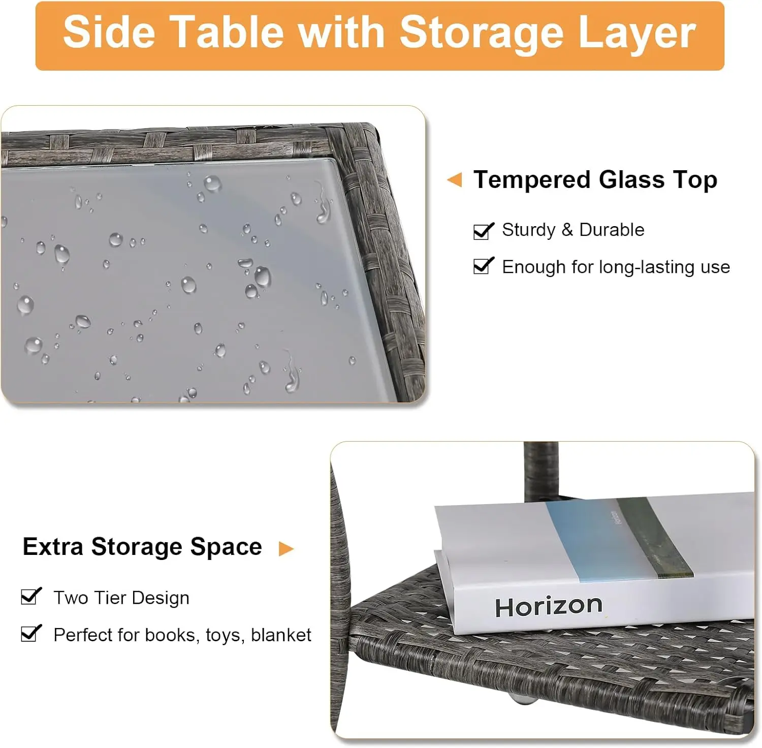 5PCS Patio Conversation Set, Rattan Outdoor Couch w/ Ottoman, Outdoor Sofa Set w/ Tempered Glass Side Table for Poolside Garden