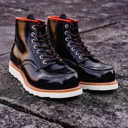 Handmade Goodyear 875 Men Black Ankle Boots Wings Cow Leather Autumn Winter Dress Shoes Tooling Motorcycle Boots Work Round Toe