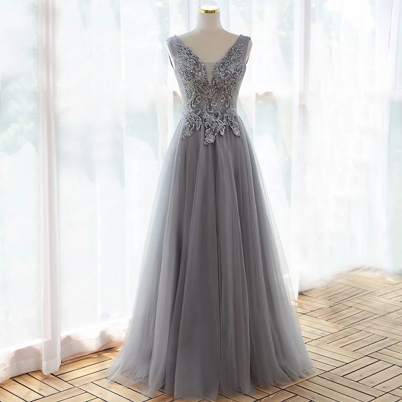 LZPOVE elegante abito da sera con applicazioni in pizzo grigio abiti da ballo senza schienale una linea abiti da sera Vestidos De Fiesta Robe De Soirée