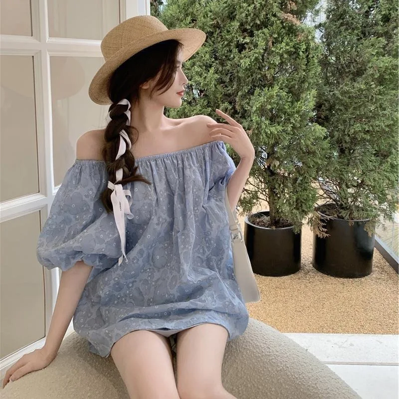 2023 Fashion Sweet Floral Blouses Women Slash Neck Puff Sleeve Shirts Summer Korean Elegant Off Shoulder Print Loose Casual Tops