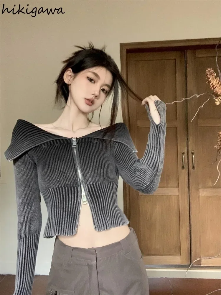 Fashion Gradient Cardigan Coat Women Clothing Slash Neck Long Sleeve Off Shouldet Sueter Mujer Zipper Knitted Cropped Sweater