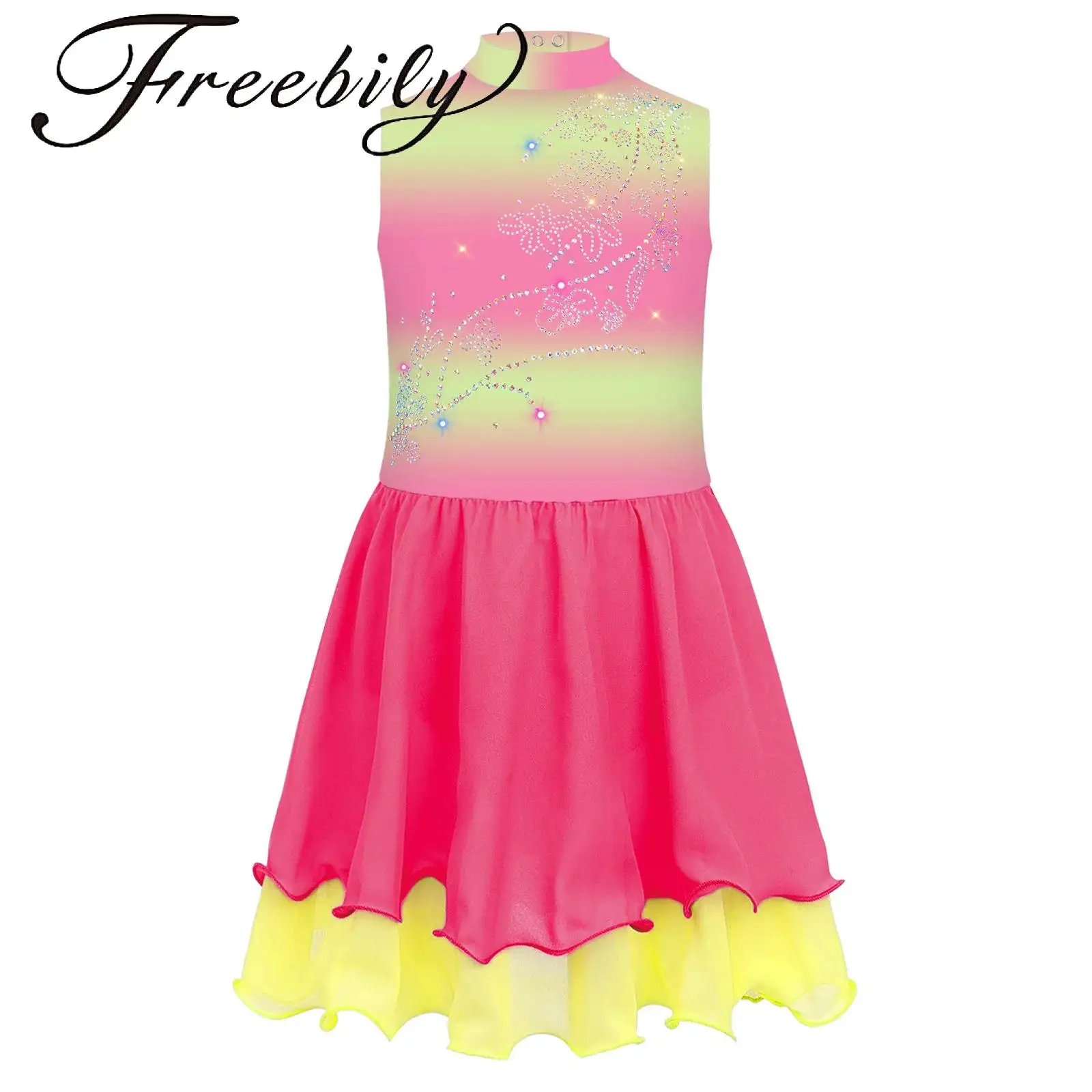 

Kids Girls Ballet Dance Dress Performance Costume Mock Neck Sleeveless Keyhole Back Sparkly Rhinestones Gradient Dress