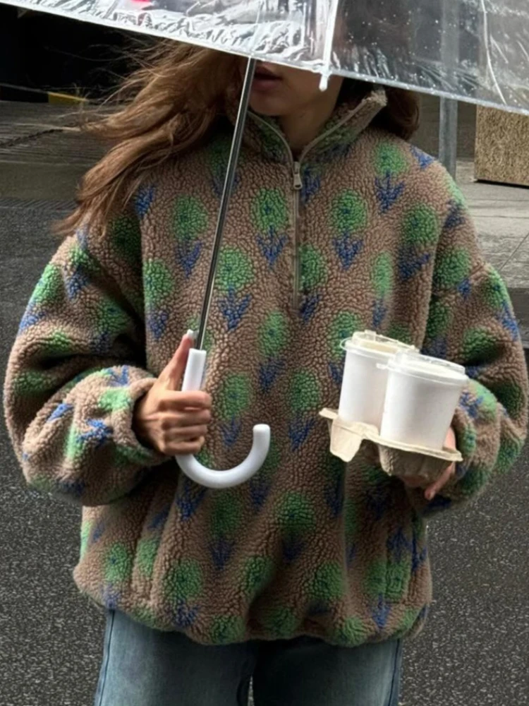 

Tossy Casual Printing Sweatshirts Pullover For Women Loose Contrast High-Neck Zipper Long Sleeve Commute Streetwear Top Pullover