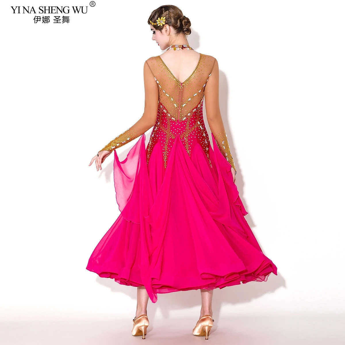 Standard-Walzer-Wettbewerbskostüm, Rundhals-Langarm-Tanzkleid für Damen, Rosenrot, hochwertige rote Ballsaal-Tanzkleidung