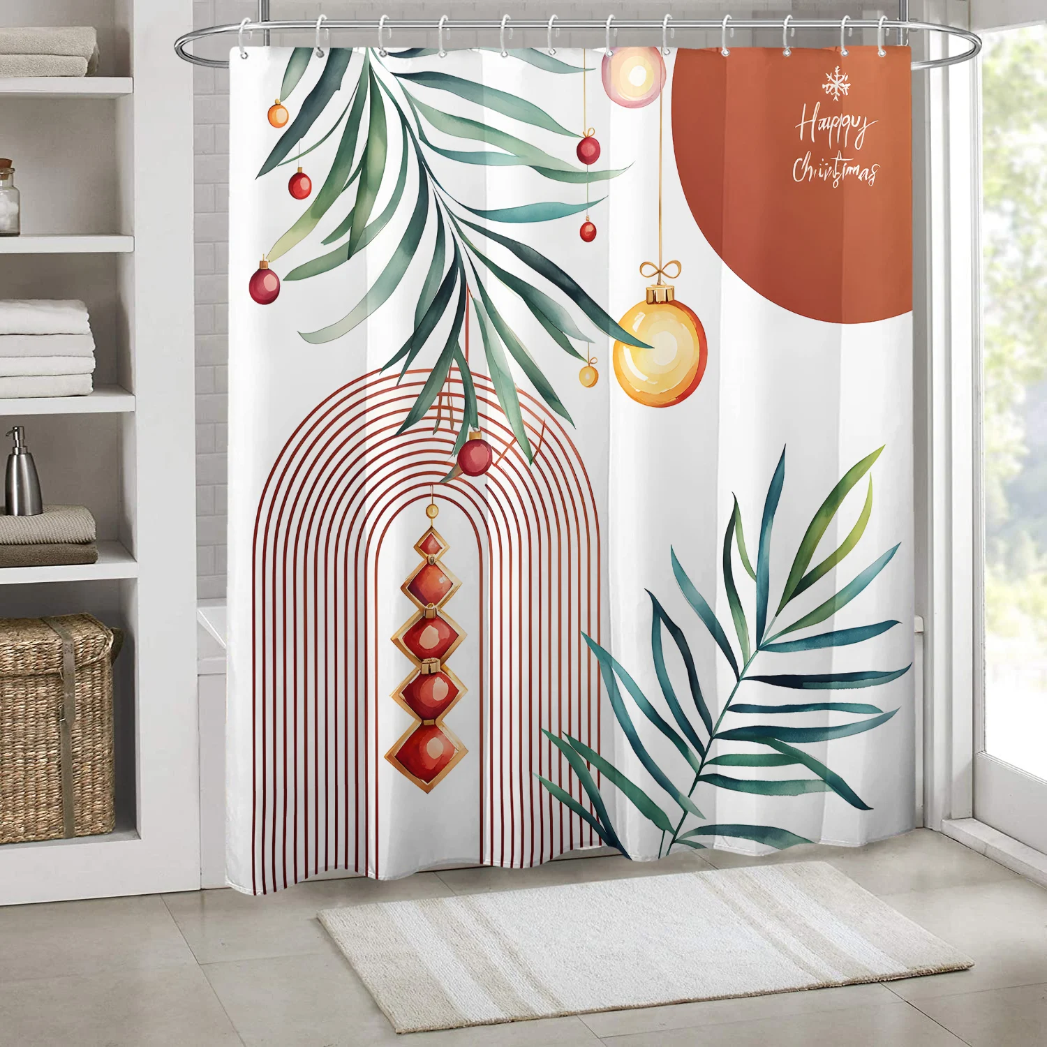 1 red minimalist green plant leaf colored ball geometric printed plastic hook shower curtain, Christmas bathroom partition curta