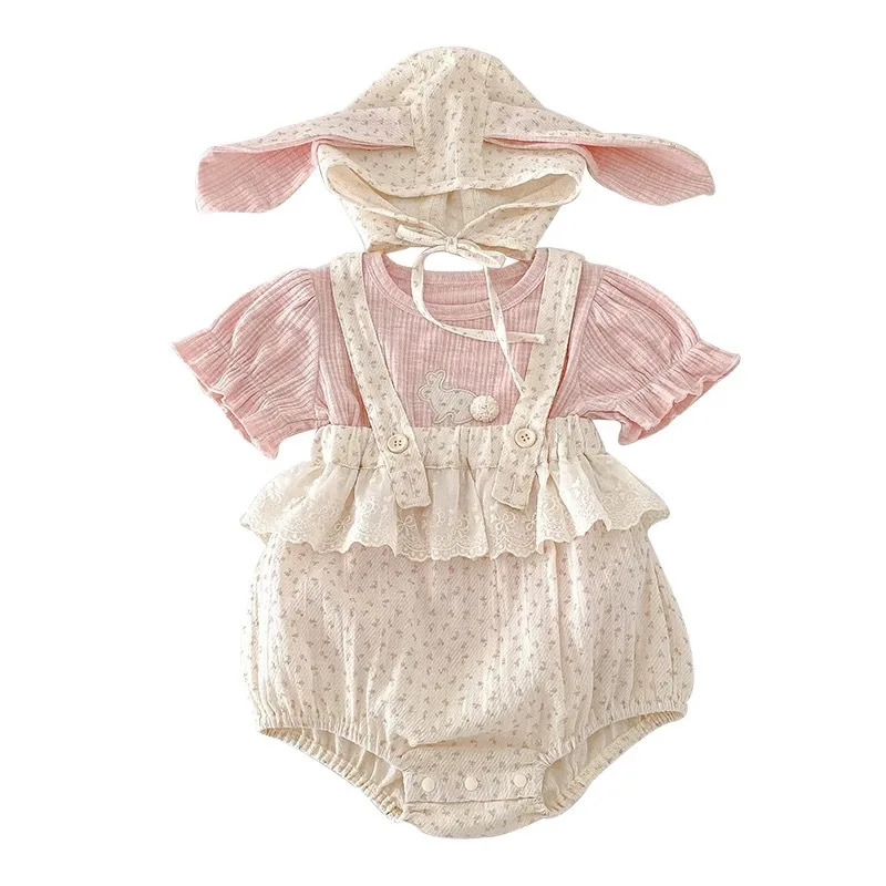 

cute pink 0-2 Years baby girls clothes Infant Baby girls Short-sleeved jumpsuit 3pcs baby girls Jumpsuit With Hat