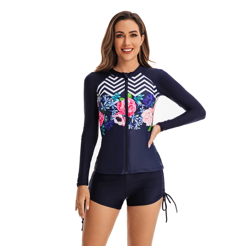 Two Piece Womens Rashguard Long Sleeve Swimsuit Zipper Surf Swimwear UV Protection Swimming Wear Beachwear Bathing Suit Sport