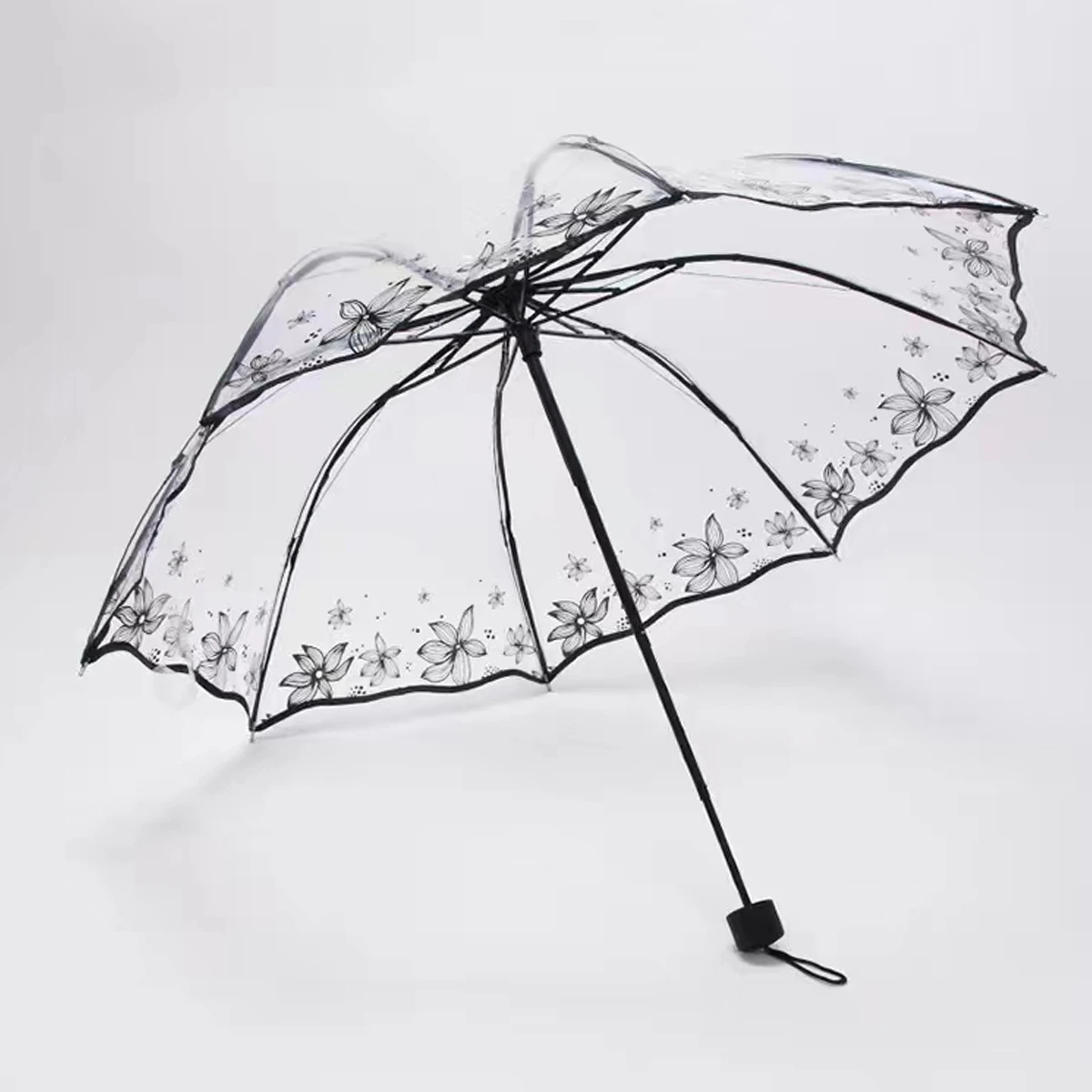 1pc Foldable Sun Manual Umbrella, Cute Clear Romantic Umbrella WithFlower Pattern Foldable Manual Umbrella, Cute Clear Outdoor U