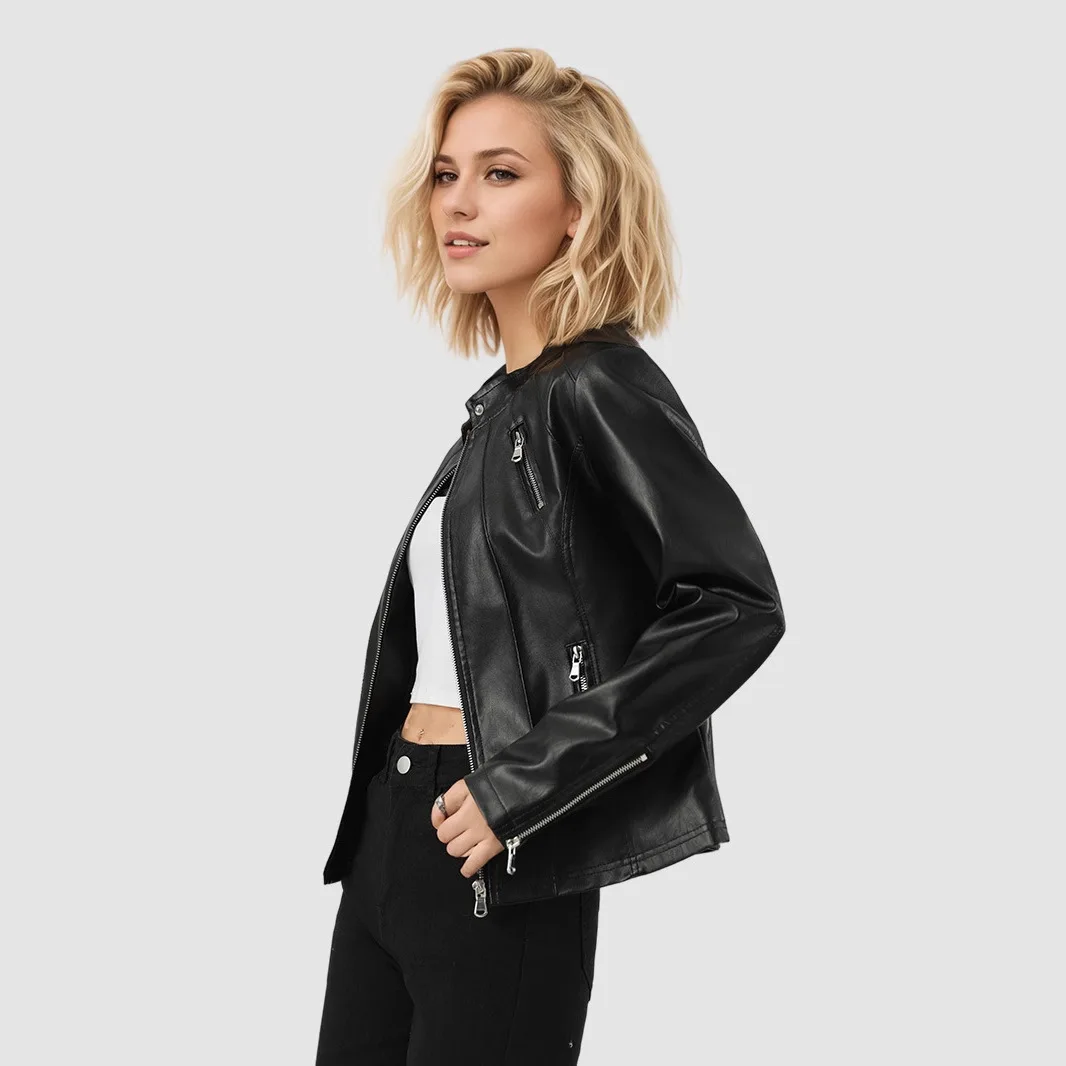 Mandylandy Slim-fit Faux Leather Women's Stand-up Collar Locomotive Jacket เสื้อหนังมอเตอร์ไซค์ยุโรปและอเมริกา