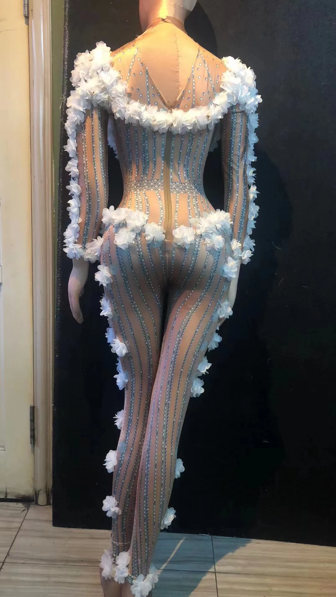 مثير دي الوردي زهرة بلورات ارتداءها زي قطعة واحدة مساء بذلة احتفال ملابس الحفلات المغني مرحلة الأداء ClothingB070