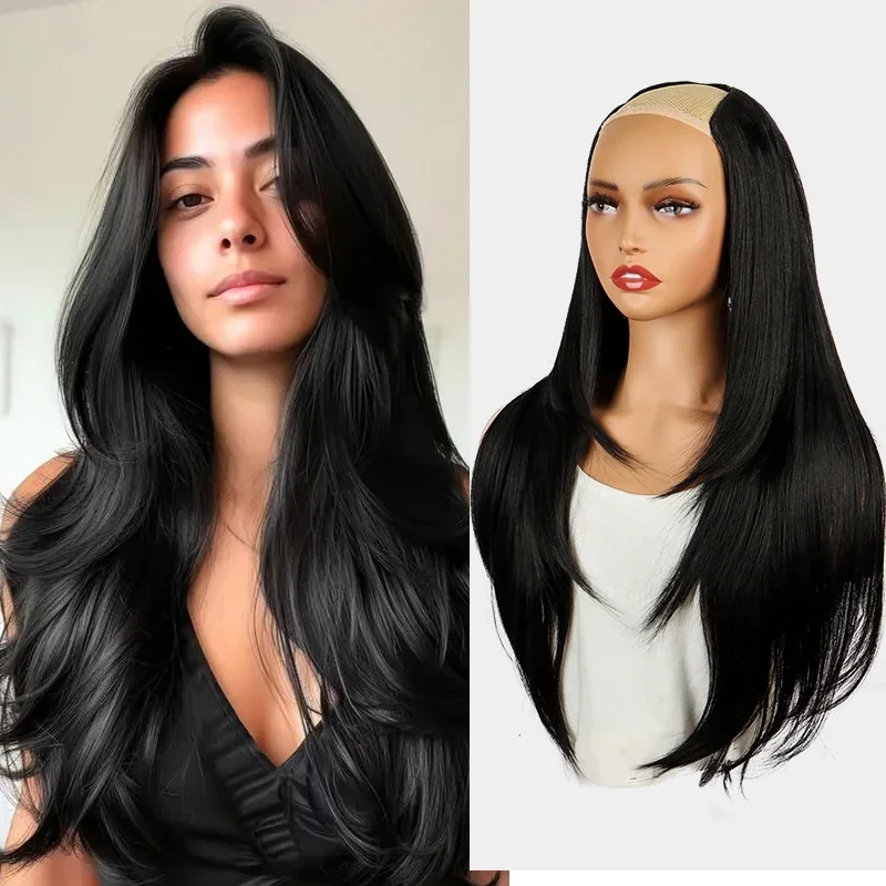 Extensiones Clip in Sintéticas 2026 22 Pulgadas Largas Lacio en Capas V-shaped Negro Rubio Invisibles para Mujer