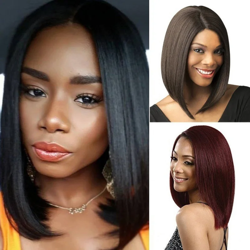 Peruka z przedziałkiem na środku, modny bob, czarne krótkie proste włosy, fryzura bobo, włosy z włókna wysokotemperaturowego, krótkie włosy.