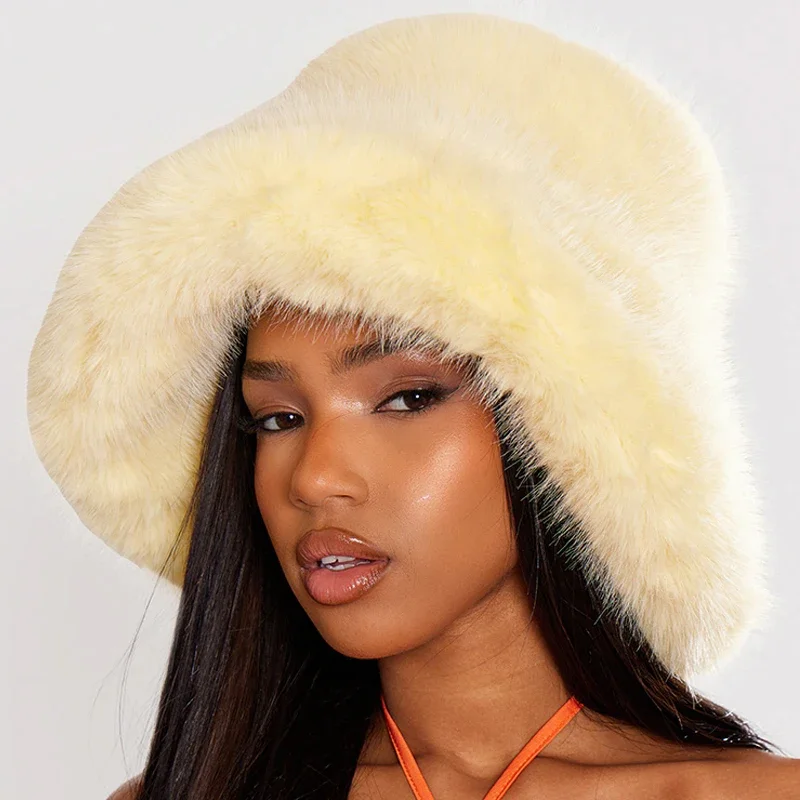 2024 Big Fluffy Faux Fur Bucket Hat for Women Luxury Plush Fisherman Hat Warm Winter Hat Thicken Cold Snowy Day Panama Cap y2k