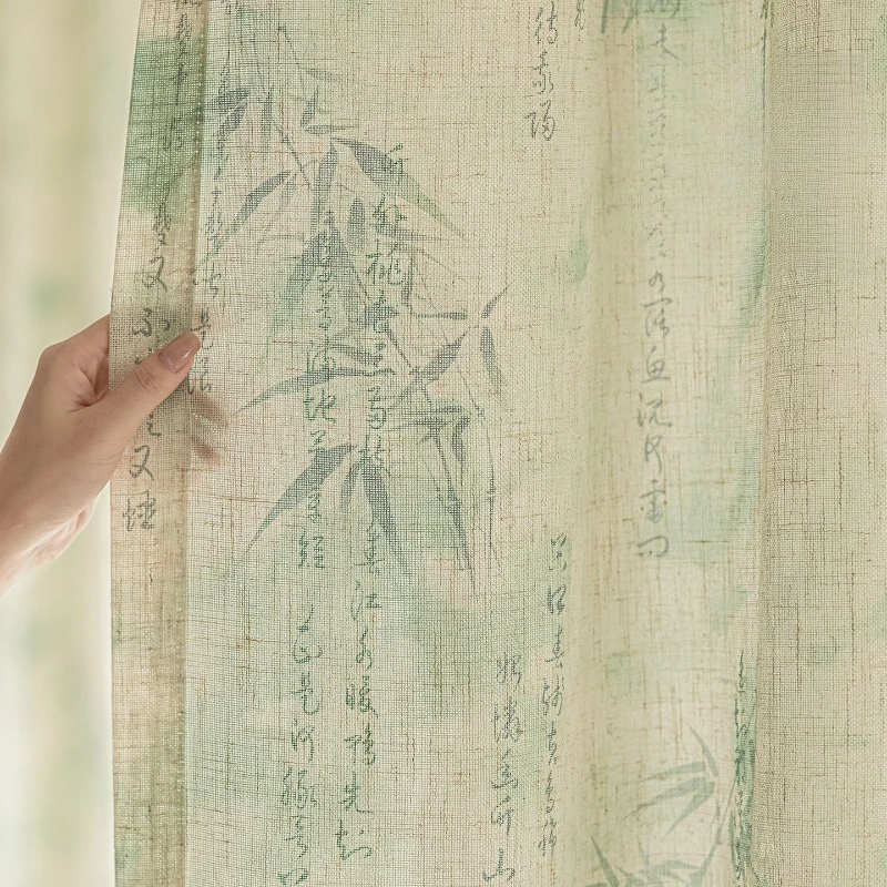 Country Style Elegant Charm Chinese Style Bamboo Printed Linen Curtains High End Turquoise Tulle Custom Size Fashion Modern