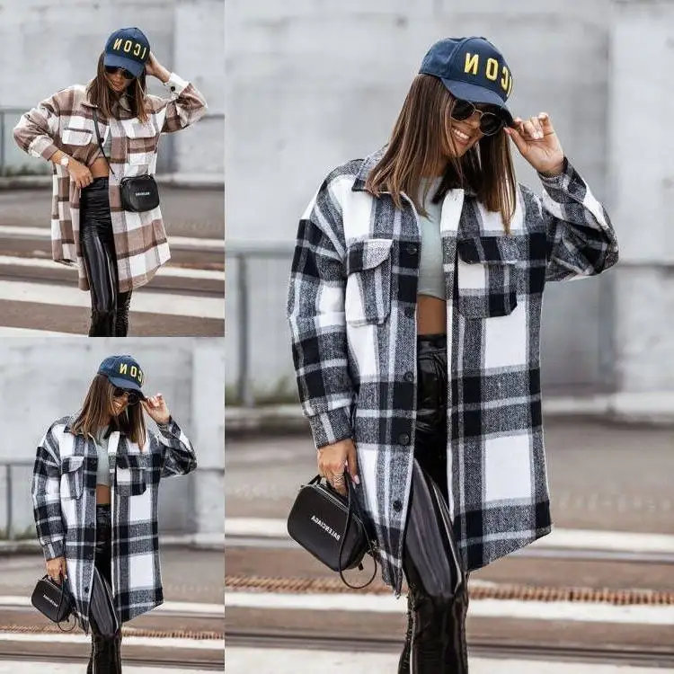 

Новое клетчатое шерстяное пальто с принтом Jaet длиной миди, женское пальто осеннего сезона, длинное пальто Sve ort Coat Sle for Pear aped Ladies