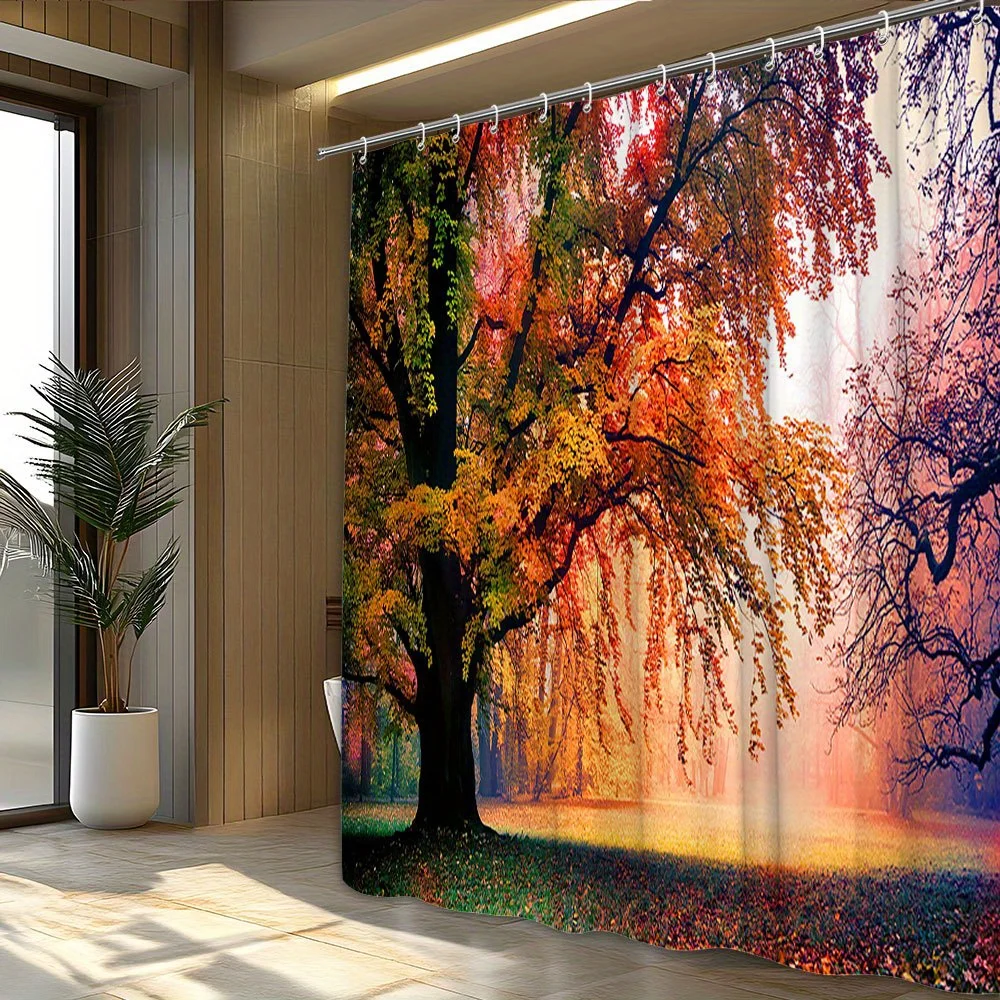 Vibrant Autumn Fall Foliage Shower Curtain Waterproof Bathroom Decor Realistic Tree Scene