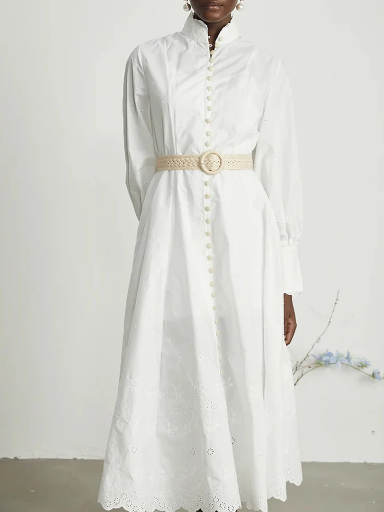 VGH Solid Spliced Belt Tunic Long Dresses For Women Stand Collar Lantren Sleeve High Waist Embroidery A Line Dress Female New