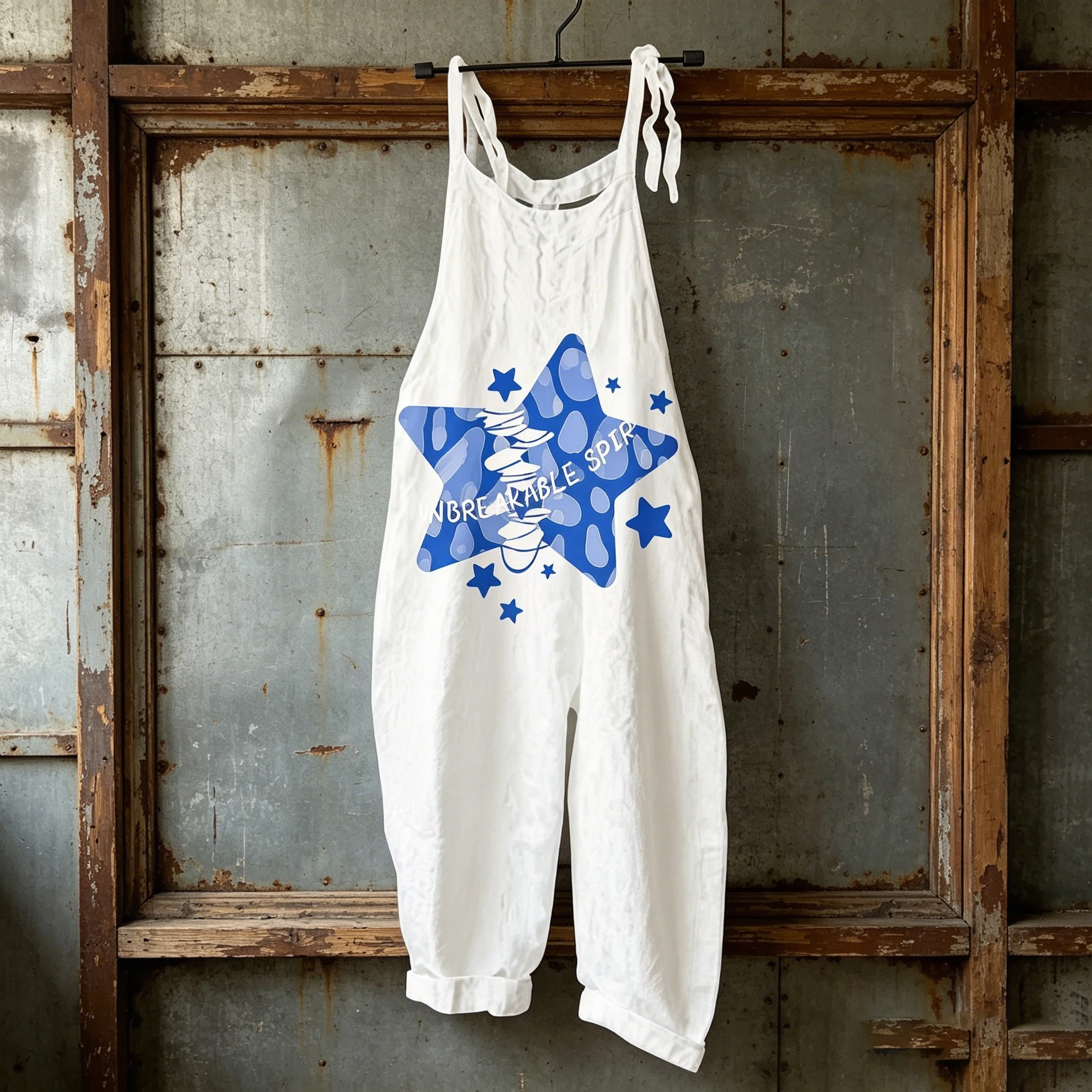 Women Blue Star Letter Unbreakable Spirit Print Loose Cuffed Harem Jumpsuit Casual Baggy Pocket Rompers Streetwear