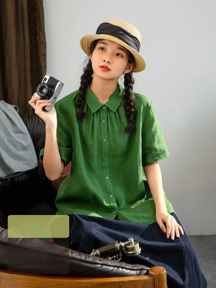 

Original Green Linen Shirt Women's Summer Thin Short Sleeve Casual Top Loose Fit Breathable Comfortable Chinese Brand