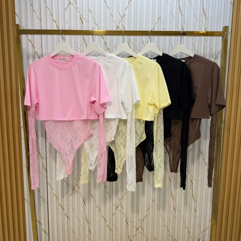 

Lace T-shirt Top jumpsuit Women's round neck long sleeved irregular top Summer fashion Women's street wear