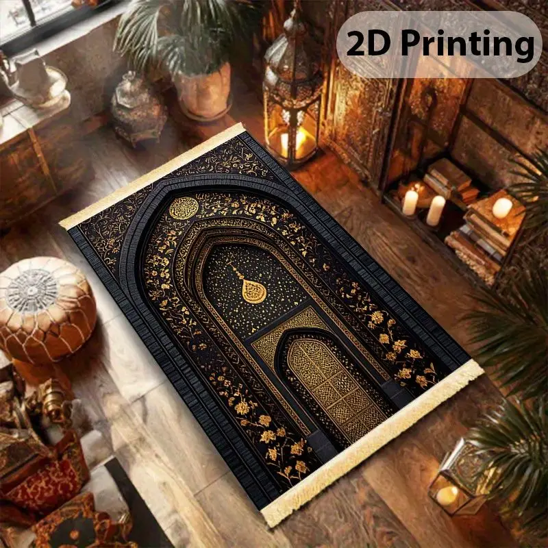 VIKAMA Black Bottom Gilded Mosque Ancient City Arch Worship Carpet Wear resistant Portable Home Worship Mosque Pilgrimage