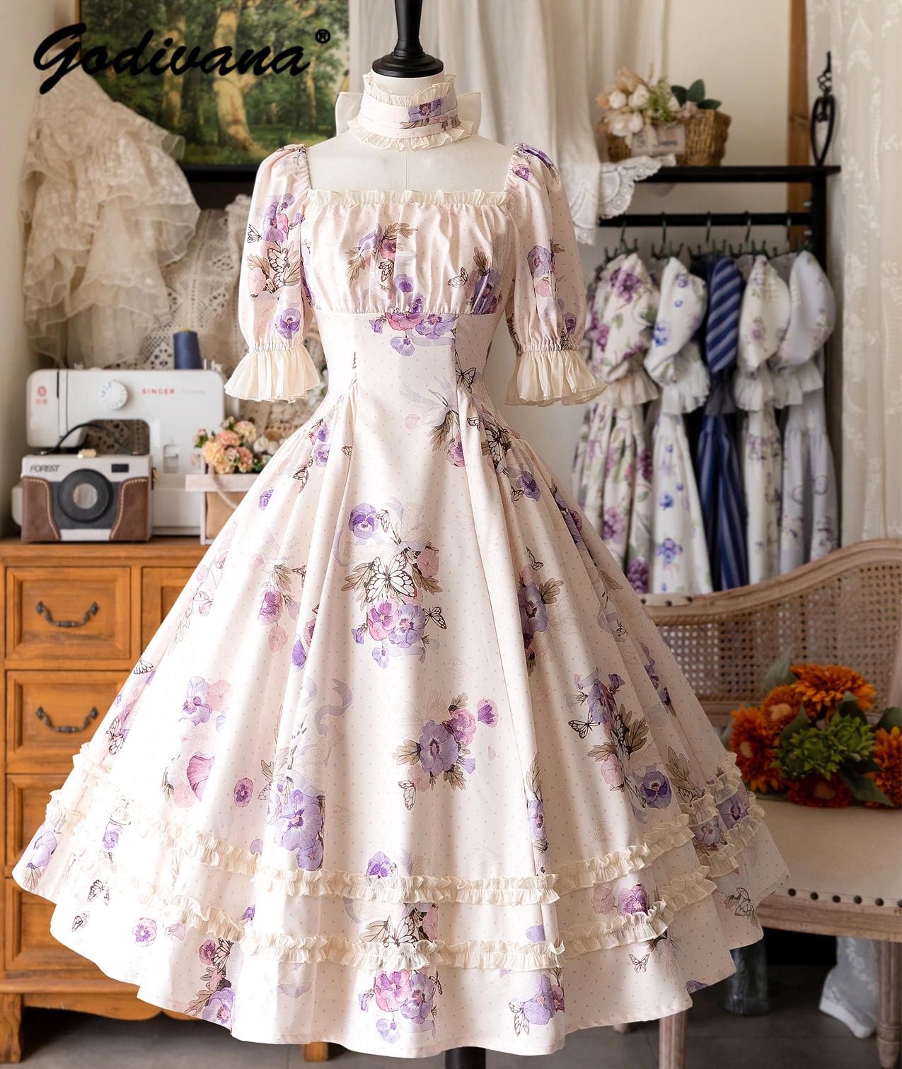 

New 2024 Spring and Summer Women's Sweet Eegant Floral Dress Vintage Short Sleeve Slim Lolita Holiday Calf-length Dresses