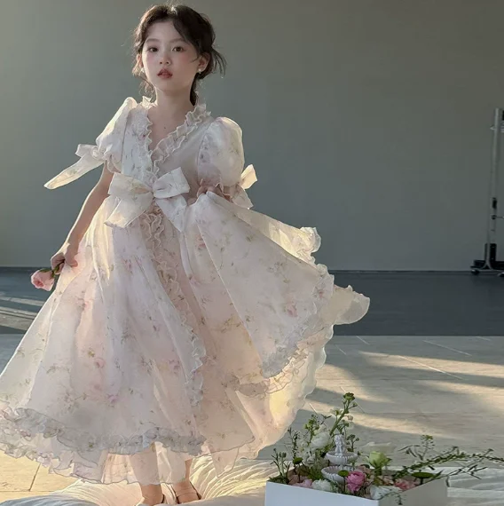 Girls Skirts 2026 Summer New Childrens Wear Korean Style Baby Girl Floral Square Collar Gauze Peng Peng Princess Skirt Casual