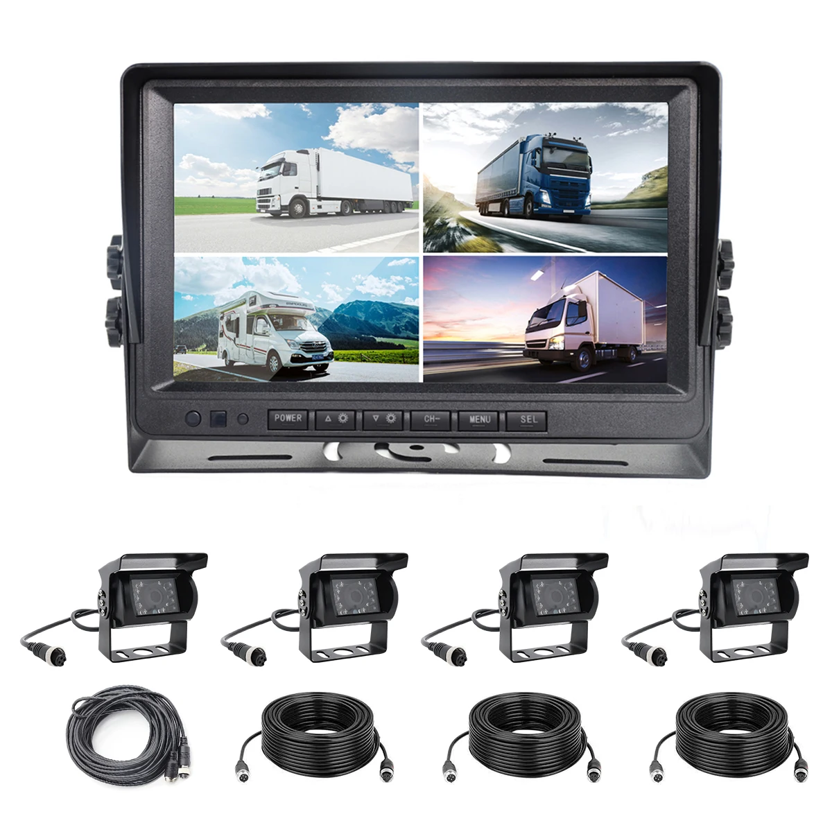 YWX Factory Supply Popular for Truck 7in Quad Split IPS Monitor DVR with 4X 4PIN AHD 1080P Side Rear View Backup Camera System