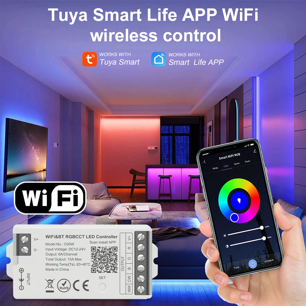 Tuya Wifi LED Controller C01W C05W DIM CCT RGB CCTRGBW LED Light Dimmer Smart Life APP 2.4G RF Alexa Google Home Voice Control