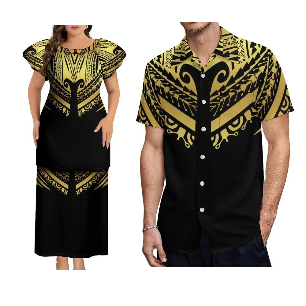 Round-Neck Couple Style Puletasi Dress Shirt Samoa Fiji Islands Art Print Custom Polynesian Tribal Ethnic Retro Women'S Dress