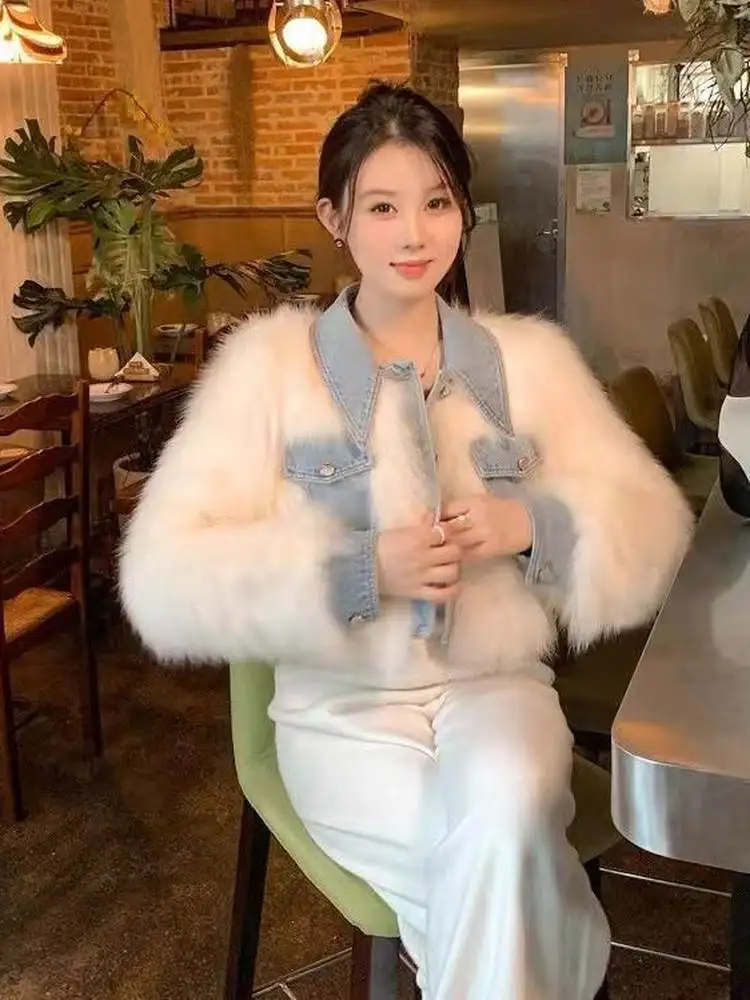 Fashionable Thickened Short Fur Jacket Women's Denim Patchwork Plush High Waist Winter Coat Youth Casual Long Sleeve Zipper