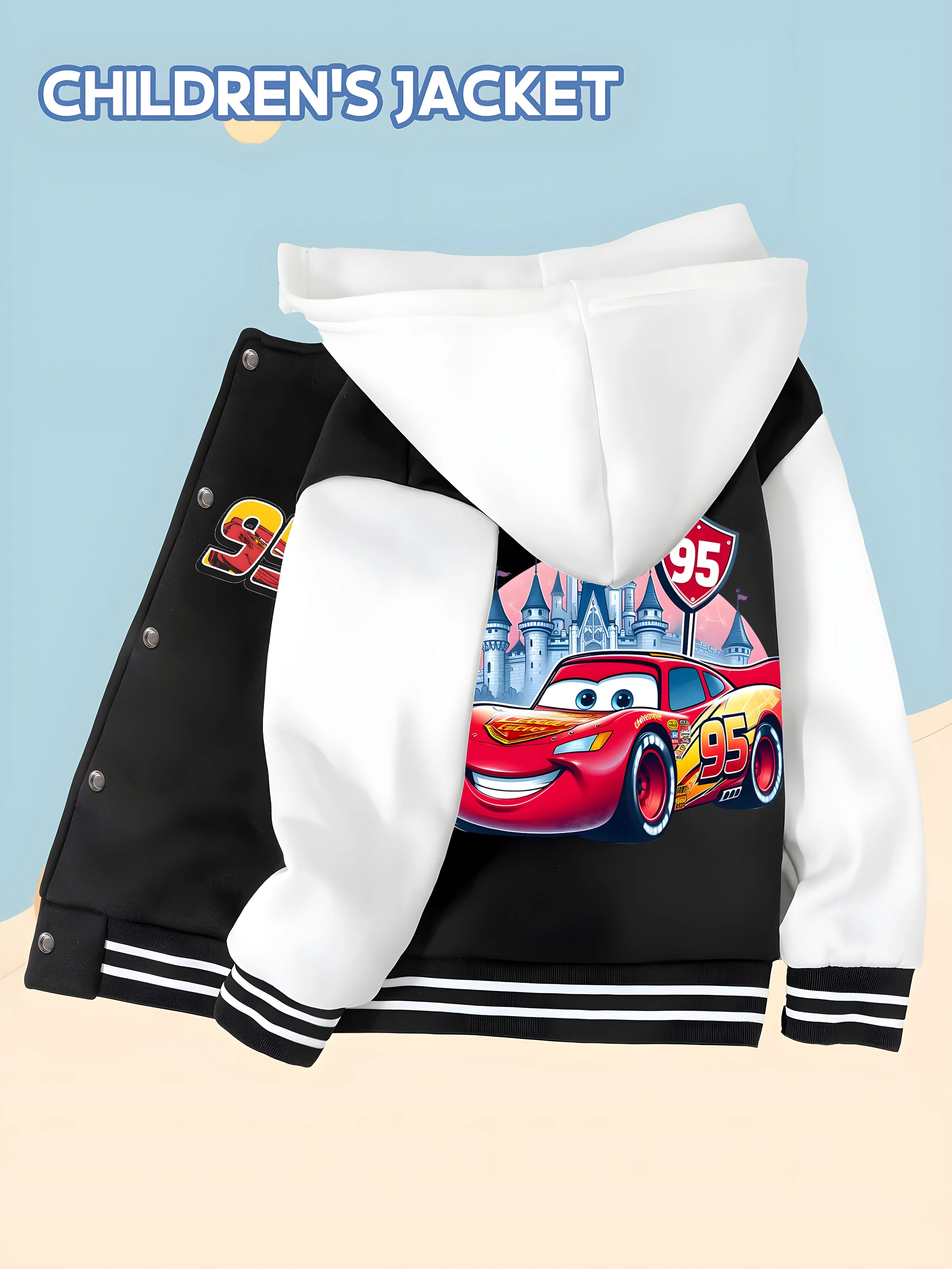 

MINISO Cars Boys' Baseball Jacket - Lightning McQueen 95 Castle Print, Trendy, Matching, Disney, Comfortable Fabric