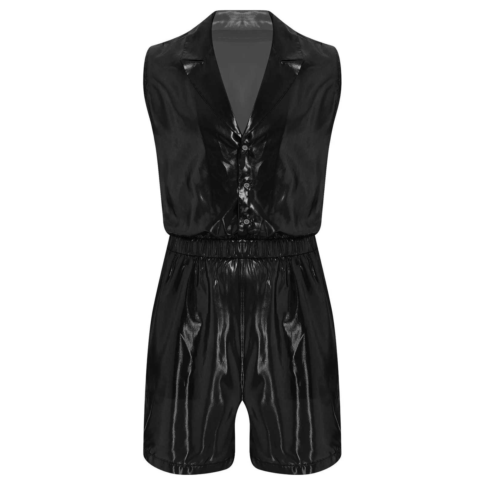 

Mens Sheer Metallic Jumpsuit Lapel Collar Sleeveless Bodysuit Fashion Romper for Nightclub Pole Dancing And Rave Parties