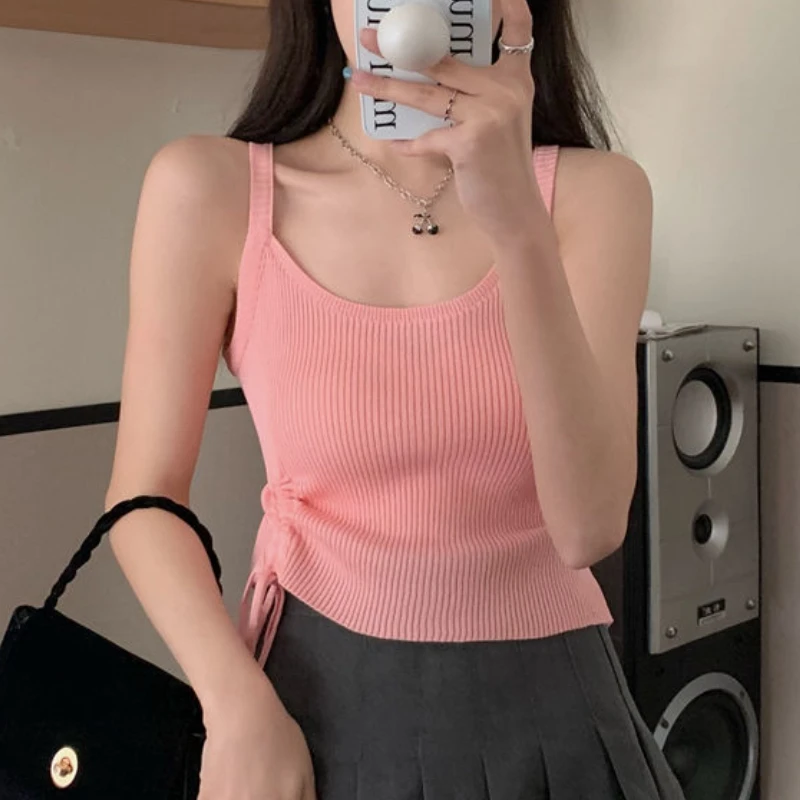 

Knitted Camis Women Sexy Crop Tops Shirring Streetwear Beach Style Summer Daily Tender Simple Basics Girlish Holiday Clothing