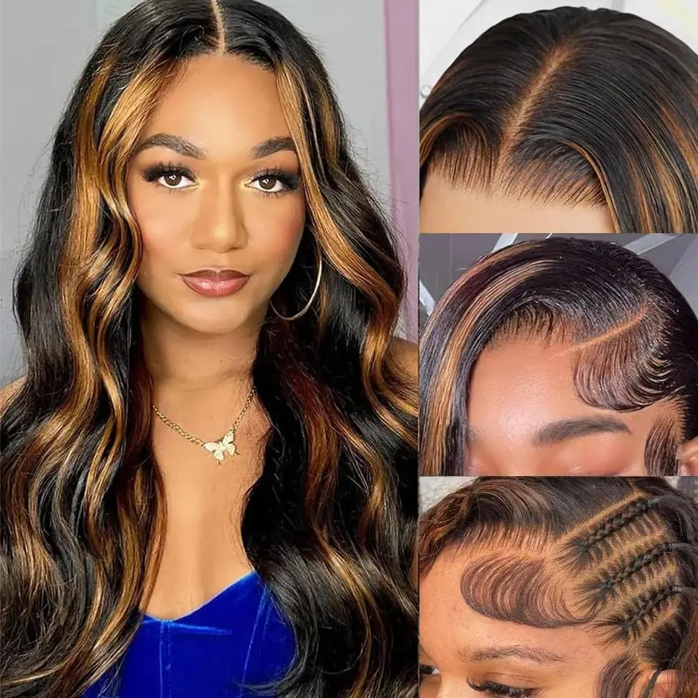 

Ombre Lace Front Wig Human Hair Pre Plucked Highlight 13x6 Lace Front Wigs Human Hair 1B/30 Body Wave Colored Wigs 180% Density
