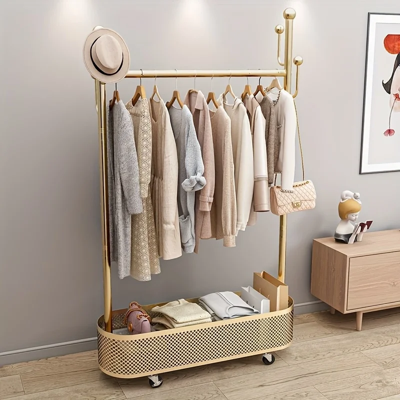 

Metal hanger with wheels for hanging clothes with 4 coat hooks for hanging hats, portable bottom storage rack with storagebasket