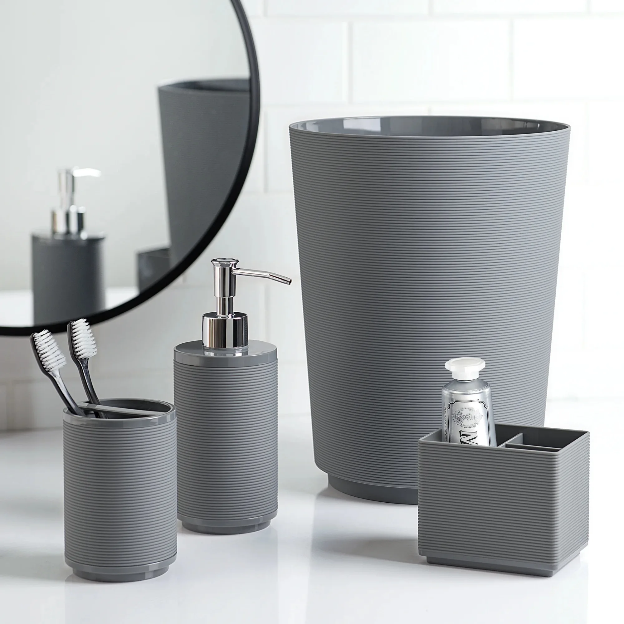 Soft Touch Ribbed Plastic 1.98 Gallon Wastebasket in Grey for Bathroom, Kitchen and Bedroom