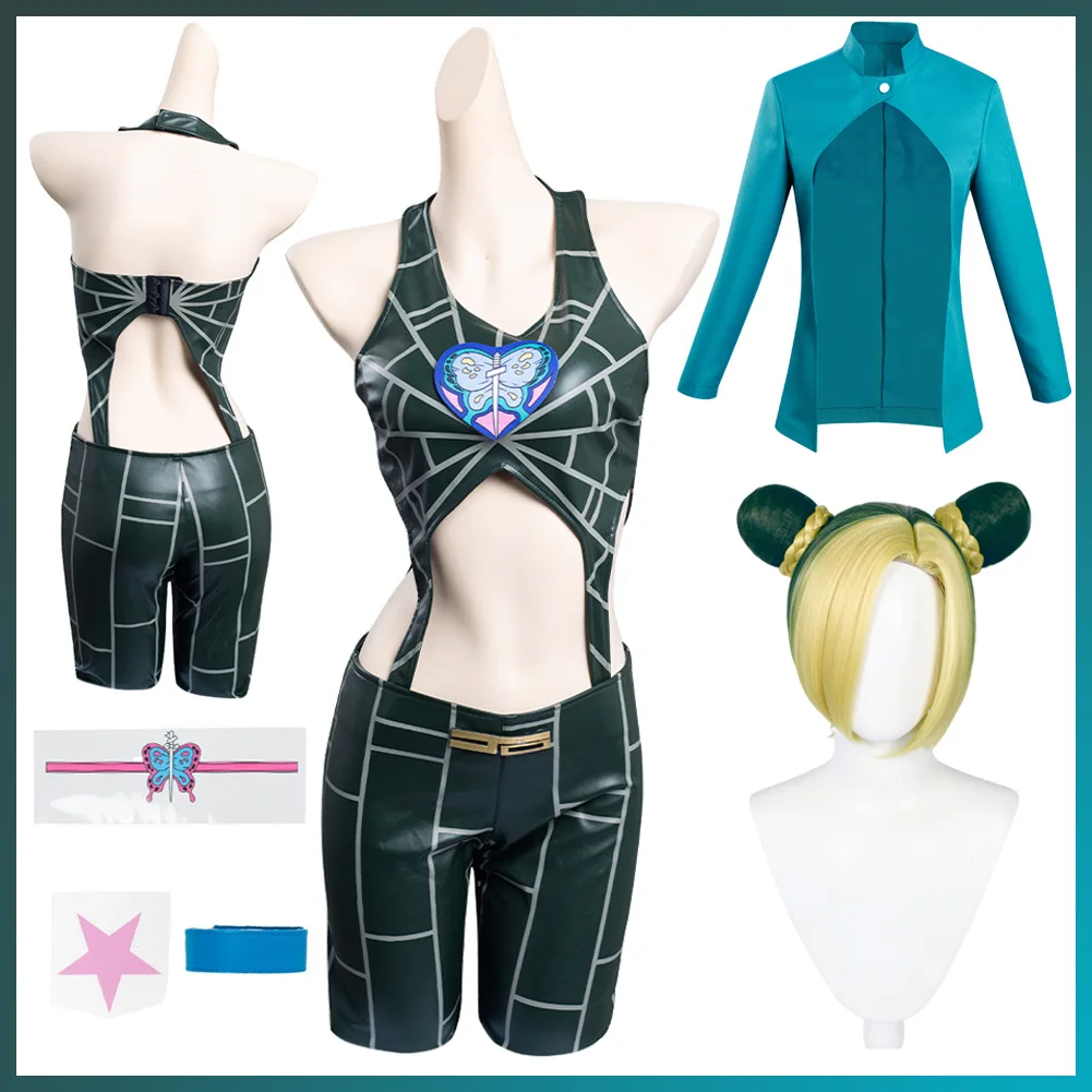 Jolyne Cujoh Cosplay Kostüm Anime bizarre Abenteuer Rolle Top Hosen Perücke Set Outfits Frau Rollenspiel Halloween Karneval Party Anzug