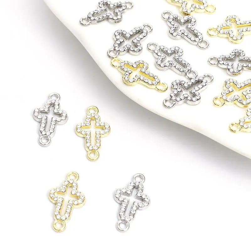 10pcs Openwork Cross Alloy Charms Connectors Inlaid Rhinestone Crystal Gold/Silver Color Metal Pendant Catholic Jewelry Findings