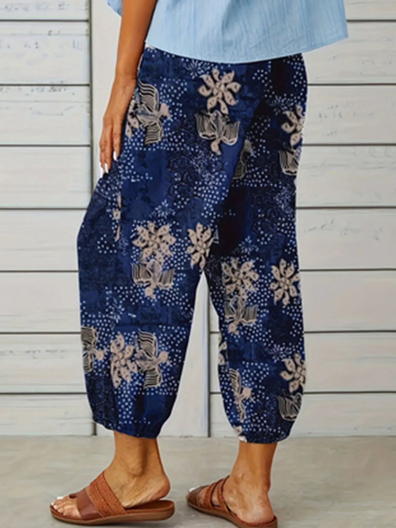 Plus Size All Over Print Baggy Pants, Casual Elastic Waist Pants For Spring & Summer, Women's Plus Size Clothing