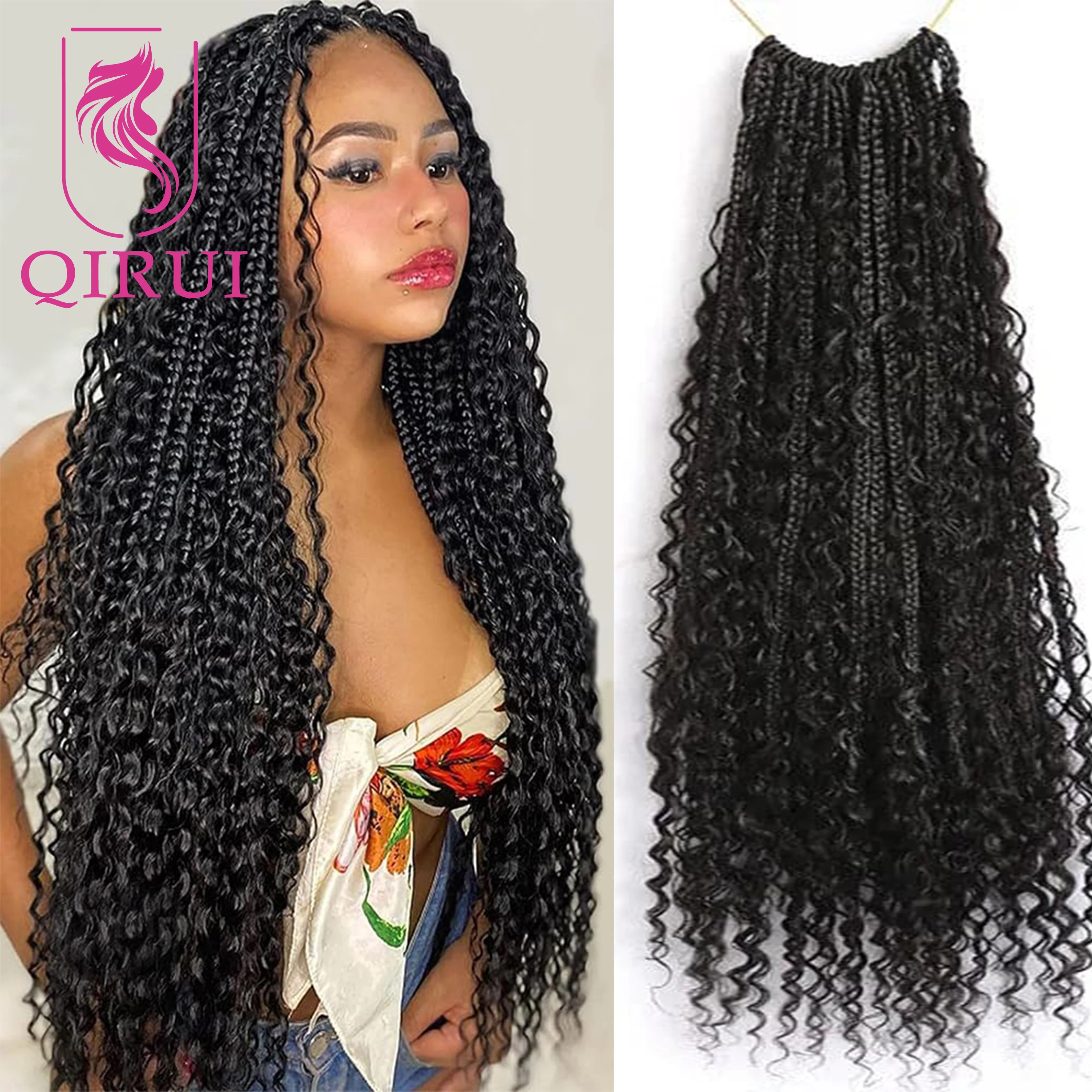 

Pre-looped Boho Box Braids Crochet Hair With Human Hair Curls Boho Braids Curly Full Ends Hair Extensions For Women 14-30inches