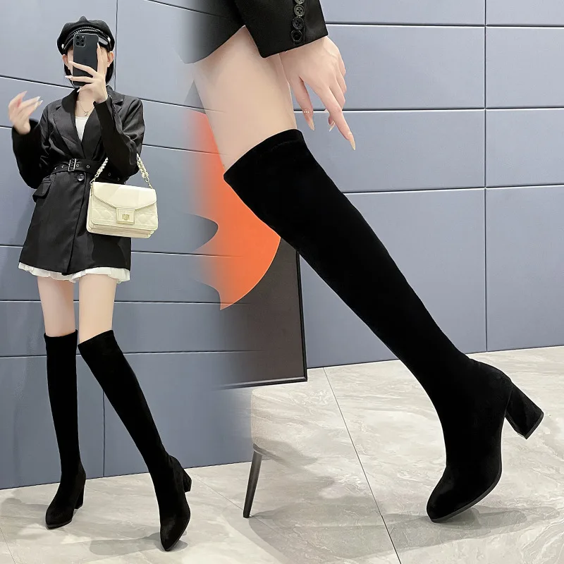 5/7 Cm Two Kinds of High Heel Over The Knee Boots Women Block Heel Stretch Fabric Long Boots Comfortable Party Office Footwear