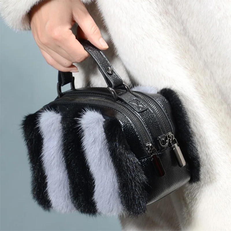 Europe and America New Mink Hair Small Square Bag Double Zipper Women's Casual Leather Shoulder Bag High-end Banquet Clutch Bag