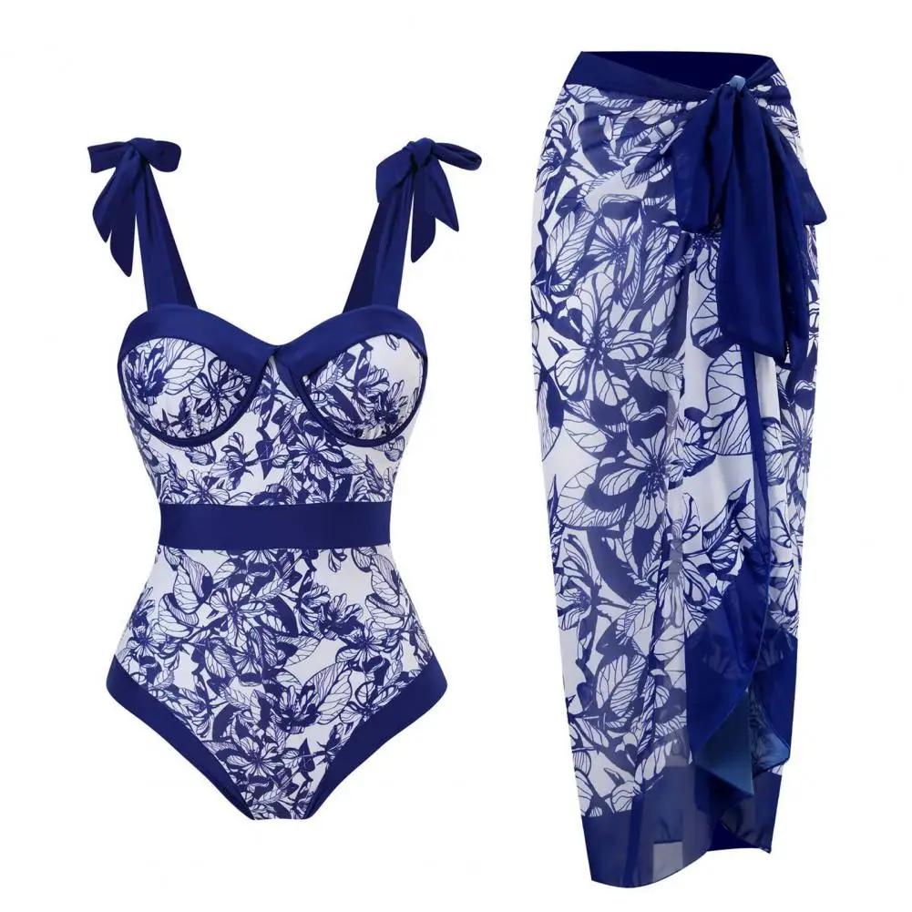 Sling Monokini with Skirt Set Floral Printed Women's Bikini Set with Ruffle Detail Lace-up Cover Up Sexy Beach for Summer