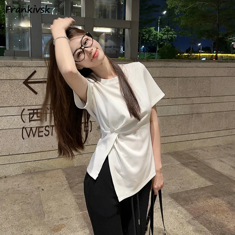 T-shirts Women Short Sleeve Irregular Side-slit Pleated Solid Designed O-neck Summer Versatile Korean Style Smooth Hipster Mujer