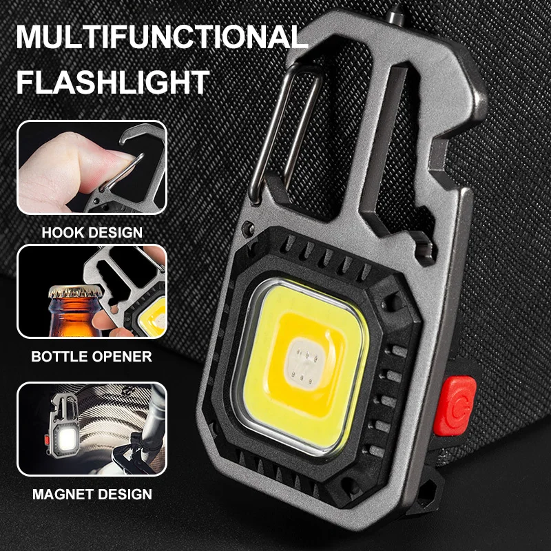 LED Portable Keychain Flashlight Outdoor Camping COB Work Light Emergency Lighting With Window Hammer Bottle Opener Lamp