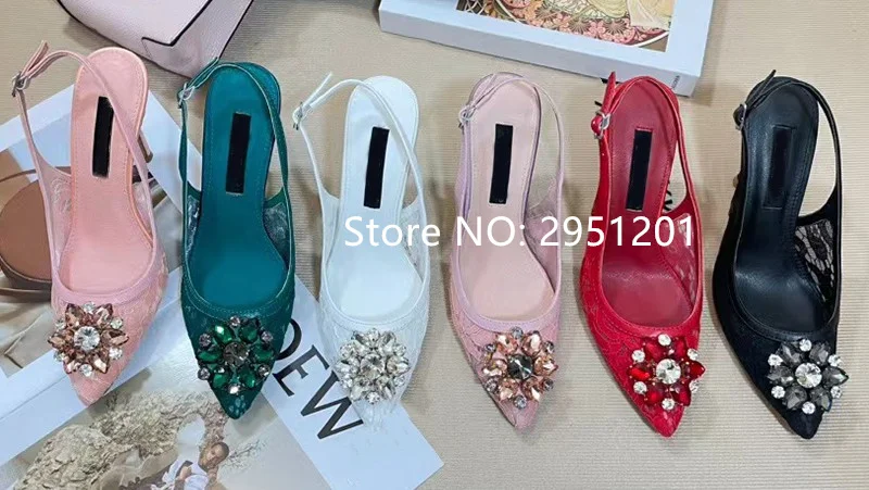 Pink Women 6cm High Heels Diamond Slingback Pumps Bling Rhinestone Floral Print Women Pumps Wedding Dress Pumps Zapatos Mujer