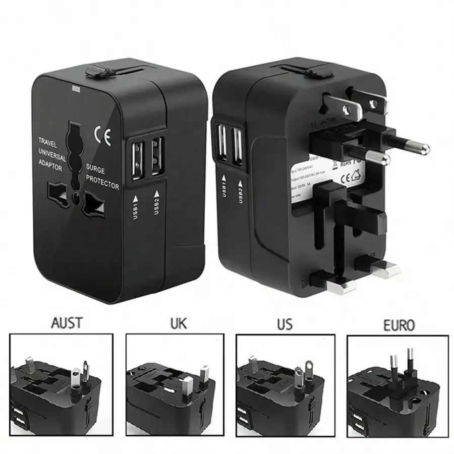 1pc/2pcs Portable Universal Travel Adapter Plug, Suitable For Over 150+ Countries In Europe, US, UK, AU, JP, Dual USB + AC Outlet, 100-240V Wide Voltage, One Plug Integrates Multiple Plug Types, Worry-Free For Overseas Travel